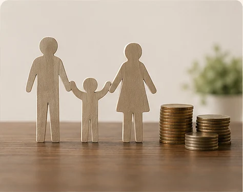 Três figuras de madeira representando pai, criança e mãe de mãos dadas, ao lado de pilhas de moedas