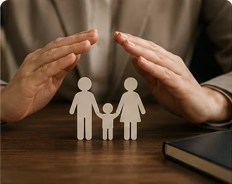 Mãos abertas formando um abrigo sobre figuras de madeira de uma família, ao lado de um livro fechado