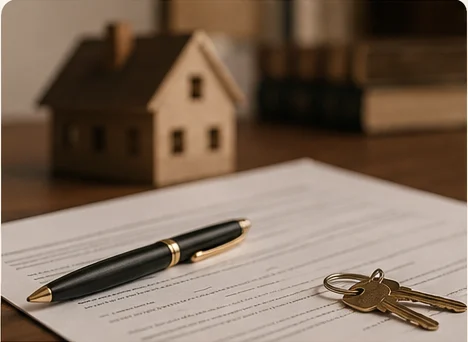 Miniatura de casa de madeira, caneta tinteiro e chaveiro sobre um contrato impresso