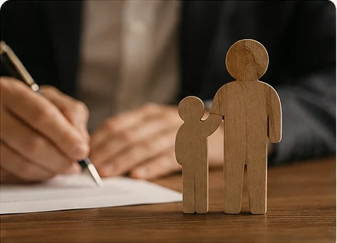 Figuras de madeira de um adulto e uma criança lado a lado, enquanto uma pessoa assina um documento ao fundo