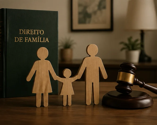 Figuras de madeira de mãe, criança e pai de mãos dadas, entre um livro de Direito de Família e um martelo de juiz